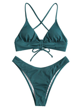 ZAFUL Maillot de bain bikini brésilien côtelé cintré à lacets vert foncé